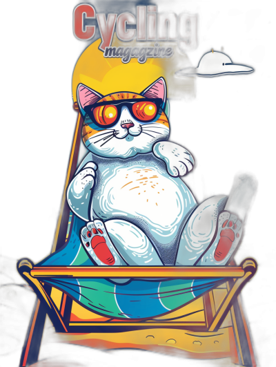 A white fat cat with red eyes wearing sunglasses and sitting on a deck chair is reading a magazine, with a yellow sun behind it. The title of "源头 SPORTS" magazine in front says it is a cycling magazine. In the style of a vector illustration, colorful cartoon, full body portrait, black background, bright colors, flat design, 2D effect, simple lines, clear contours, high resolution, 300 dpi. No text above or below. High quality vector art.