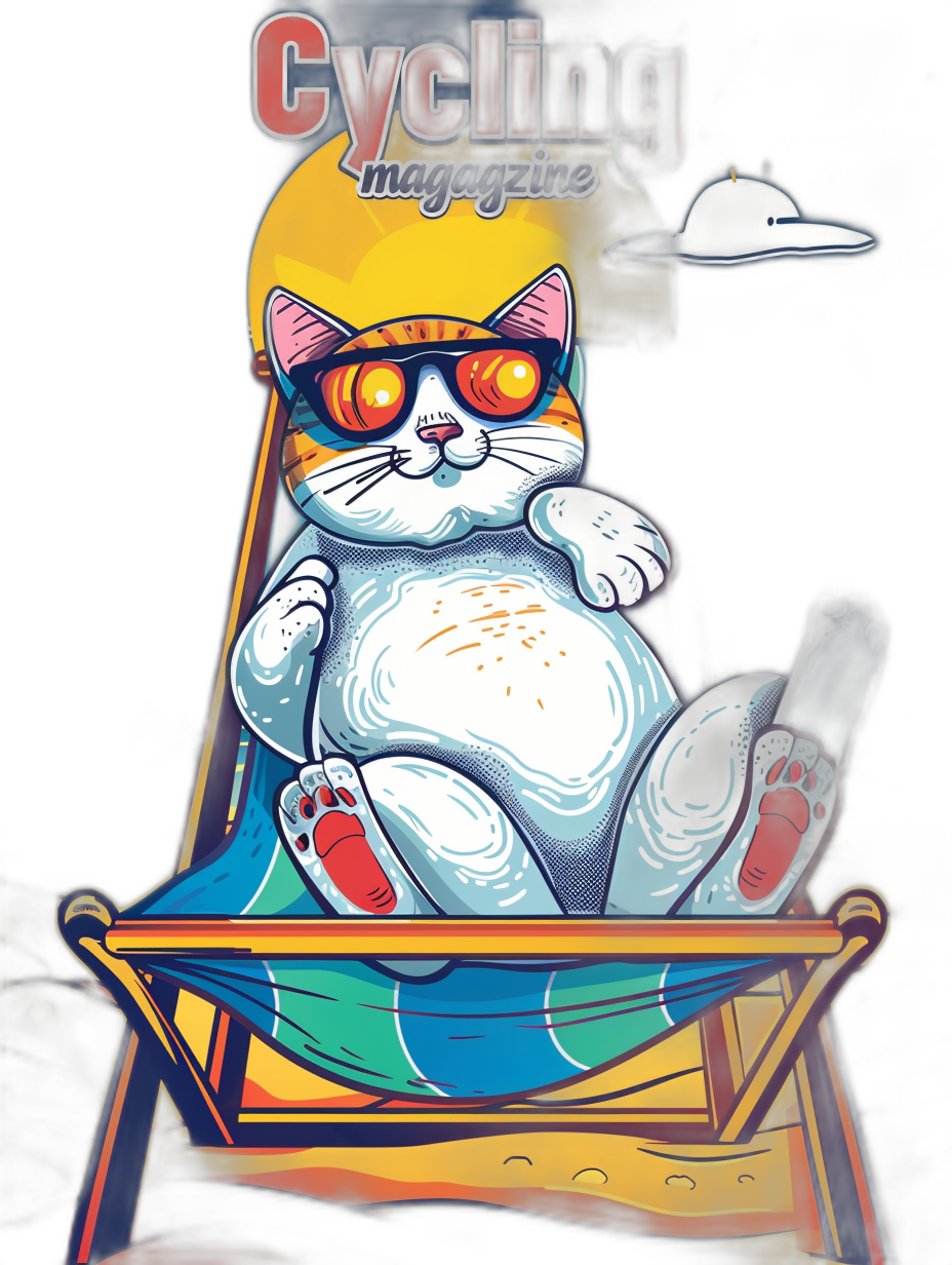 A white fat cat with red eyes wearing sunglasses and sitting on a deck chair is reading a magazine, with a yellow sun behind it. The title of “源头 SPORTS” magazine in front says it is a cycling magazine. In the style of a vector illustration, colorful cartoon, full body portrait, black background, bright colors, flat design, 2D effect, simple lines, clear contours, high resolution, 300 dpi. No text above or below. High quality vector art.