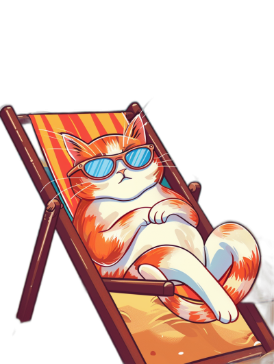 A cat lounging on an outdoor deck chair with sunglasses, vector cartoon illustration for a t-shirt design with an isolated black background, a full body shot, detailed character illustrations, texture-rich canvases with strong lighting contrasts featuring playful characters in the style of a children's book illustrator.