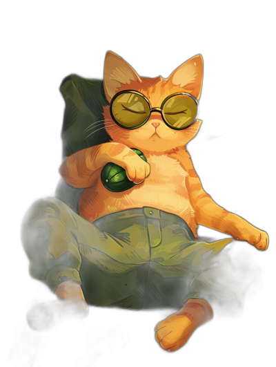 digital art of a cute and fat orange cat, wearing sunglasses and green long pants while sitting on a chair holding a jade pebble in its hand against a black background, with a chill vibe and smile, in the style of Japanese anime.