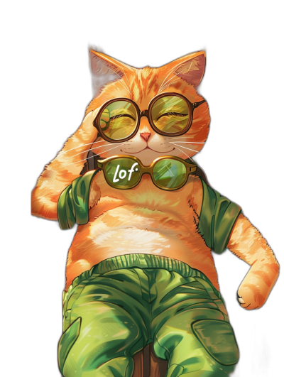 digital art of cool fat orange cat , playful character designs with pastel green shirt and cargo pants, wearing sunglasses that says " lotf" on the lens , black background , painting style , chilling happy smile in short hair , full body wide shot