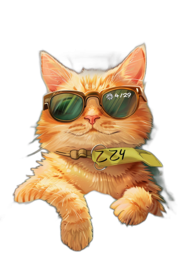 digital art of cool and fat orange cat ,wearing sunglasses with green lens, wearing yellow bandana around the neck, black background, cute happy expression, "zzy" written on its chest in white letters