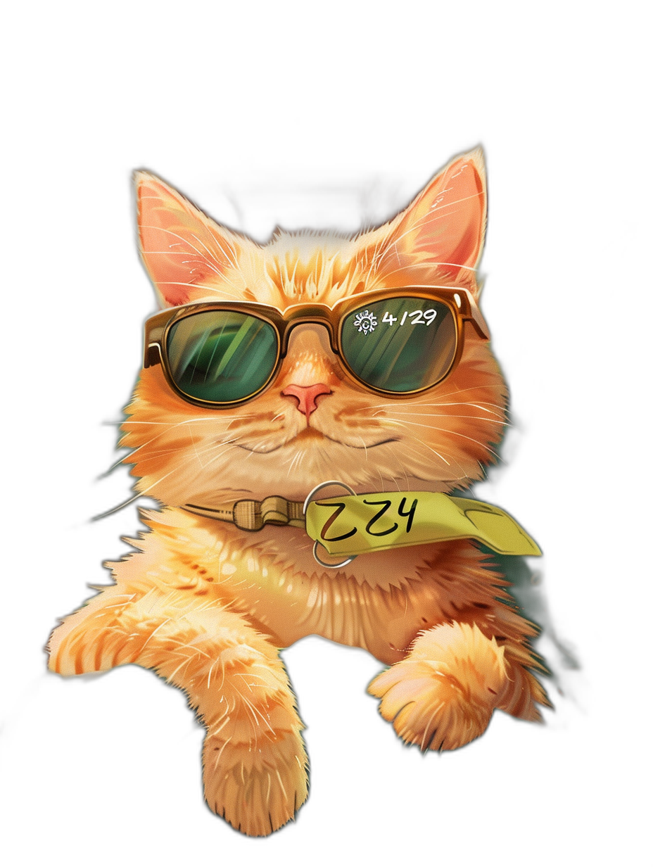 digital art of cool and fat orange cat ,wearing sunglasses with green lens, wearing yellow bandana around the neck, black background, cute happy expression, “zzy” written on its chest in white letters