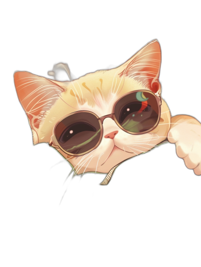 A cute cat wearing sunglasses, in the style of Japanese anime, cartoon drawing with a simple black background, high definition.