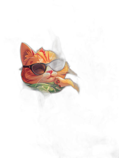 digital art of a cute kitten, wearing sunglasses and a tshirt with a green leaf on a dark background, in the minimal style, chill and funny