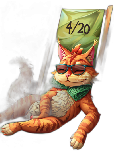 A digital art of an orange cat wearing sunglasses and a green bandana, sitting in front of the numbers "4/20", in the style of Pixar, on a black background, in the Pixar art style.