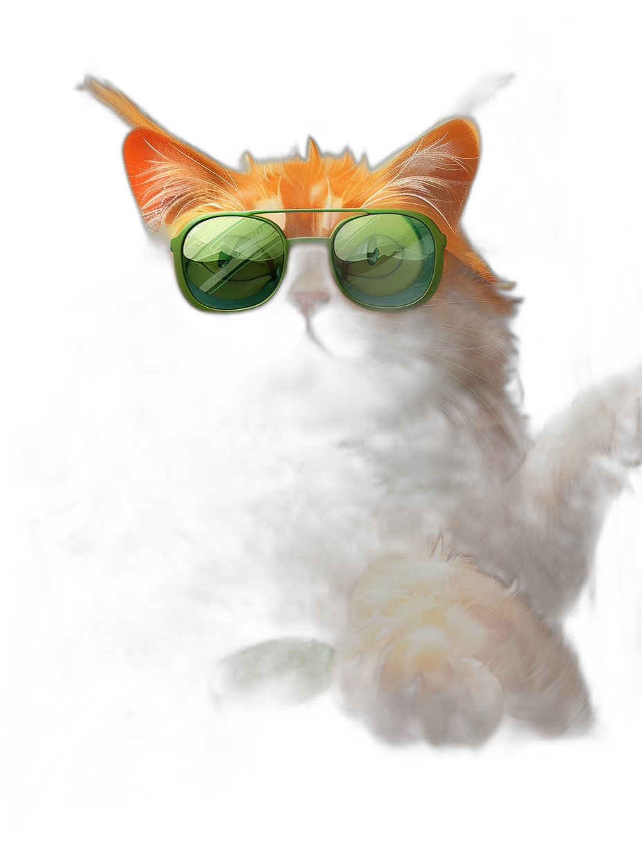Digital art of an orange cat wearing green sunglasses, on a black background, cute, hyper realistic in the style of digital painting, cinematic lighting, full body portrait in the style of octane render, bright colors, no text or letters in the frame, high resolution, super detailed