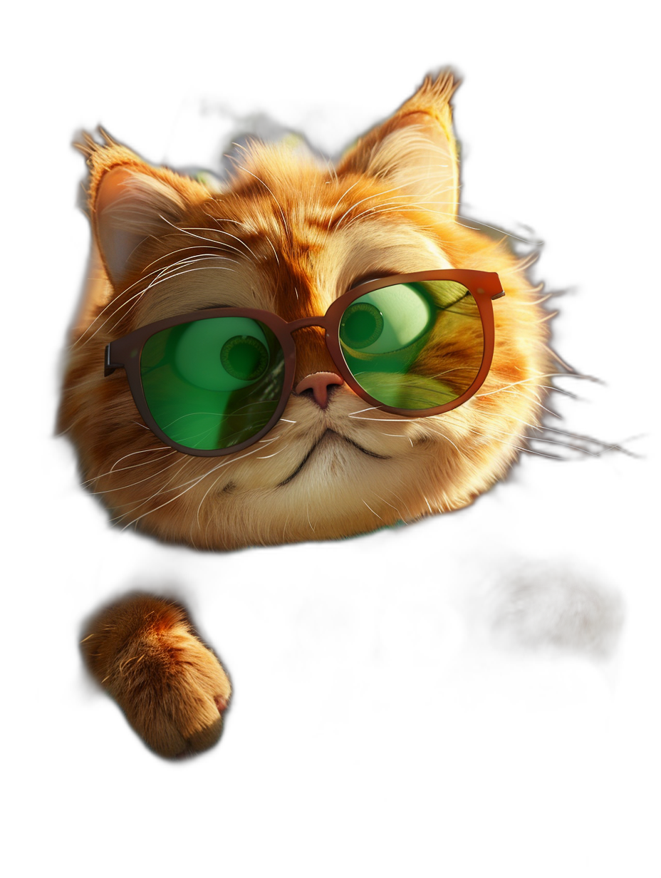 digital art of cute kitten , wear sunglasses with green lens, black background , chill and funny