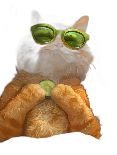 A realistic illustration of an orange cat wearing green sunglasses and holding a small cucumber in its paws, isolated on a black background with warm colors and high details, in the style of portrait.