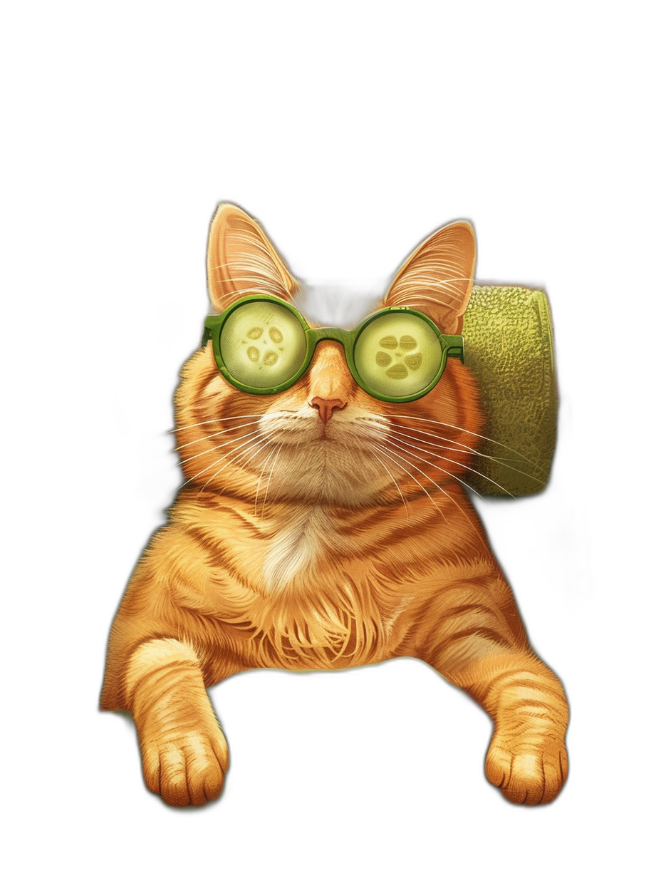 A ginger cat wearing cucumber goggles, with an eye mask and its eyes covered in the style of two round green watermelons on its head, lying down for a body massage, with a black background. The illustration style is cute and cartoonish, with clear details of fur texture and features. It has a flat front view angle and high-definition resolution.