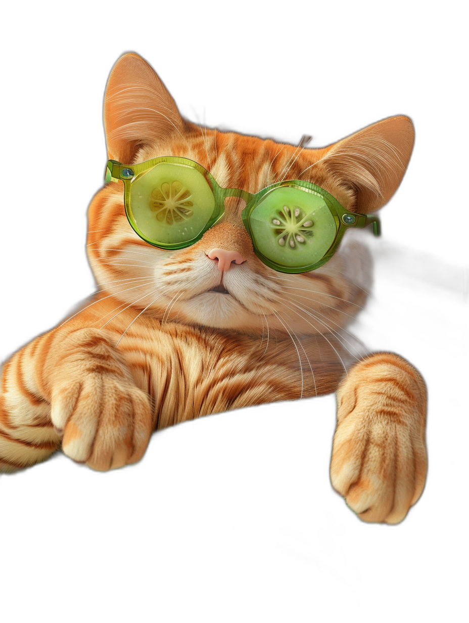 funny ginger cat with cucumber glasses hanging on the edge of black background, funny cat with cucumber sunglasses, photorealistic, high resolution