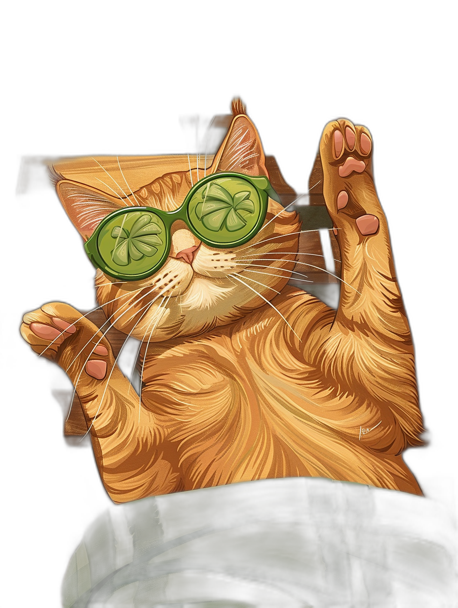 t-shirt design, Cool Orange Cat with Green tinted Cucumbermelon sunglasses taking selfie in black background, full body, with white or transparent outline around the subject, isolated on a solid color studio backdrop