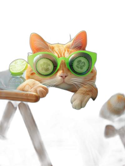 A cute orange cat wearing green sunglasses, lying on the table with cucumber slices over its eyes, enjoying an afternoon nap in front of the black background. In the style of high definition photography, detailed character design, high resolution, professional lighting and photo studio setup.