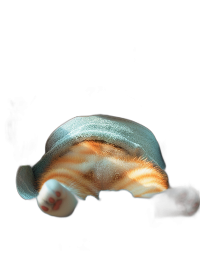 view from above of cat's belly, lying on his back in dark room with light blue towel over head and tail pointing upwards, orange fur with white stripes, black background, view from the top, full body, shot by Hasselblad camera