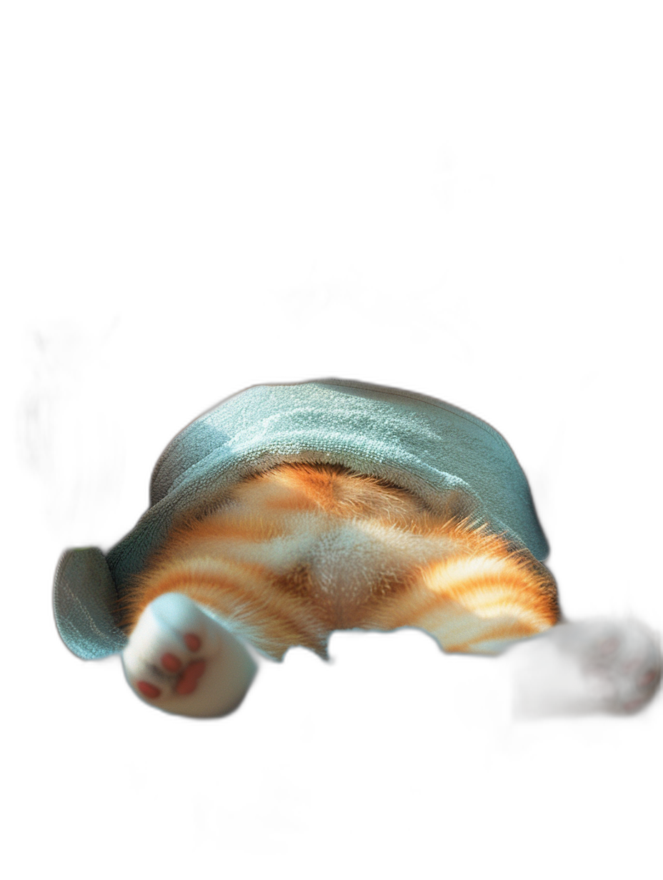 view from above of cat’s belly, lying on his back in dark room with light blue towel over head and tail pointing upwards, orange fur with white stripes, black background, view from the top, full body, shot by Hasselblad camera