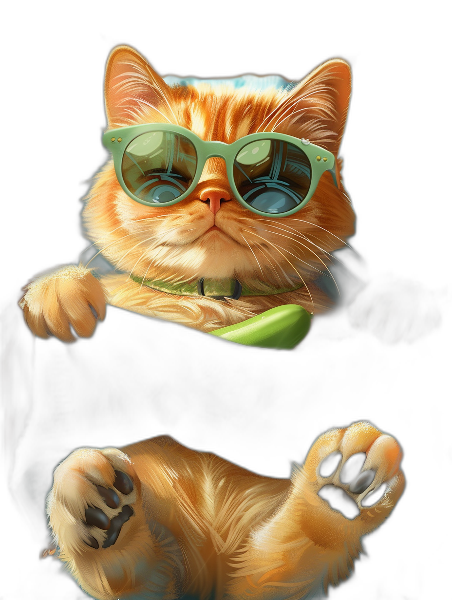 digital art of cool and fat orange cat , the kitten is wearing sunglasses with green glasses, black background, chill expression , holding his paw out for hugging , cute