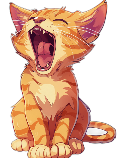 A cute cartoon illustration of an orange tabby cat howling, isolated on a black background, in the style of anime.