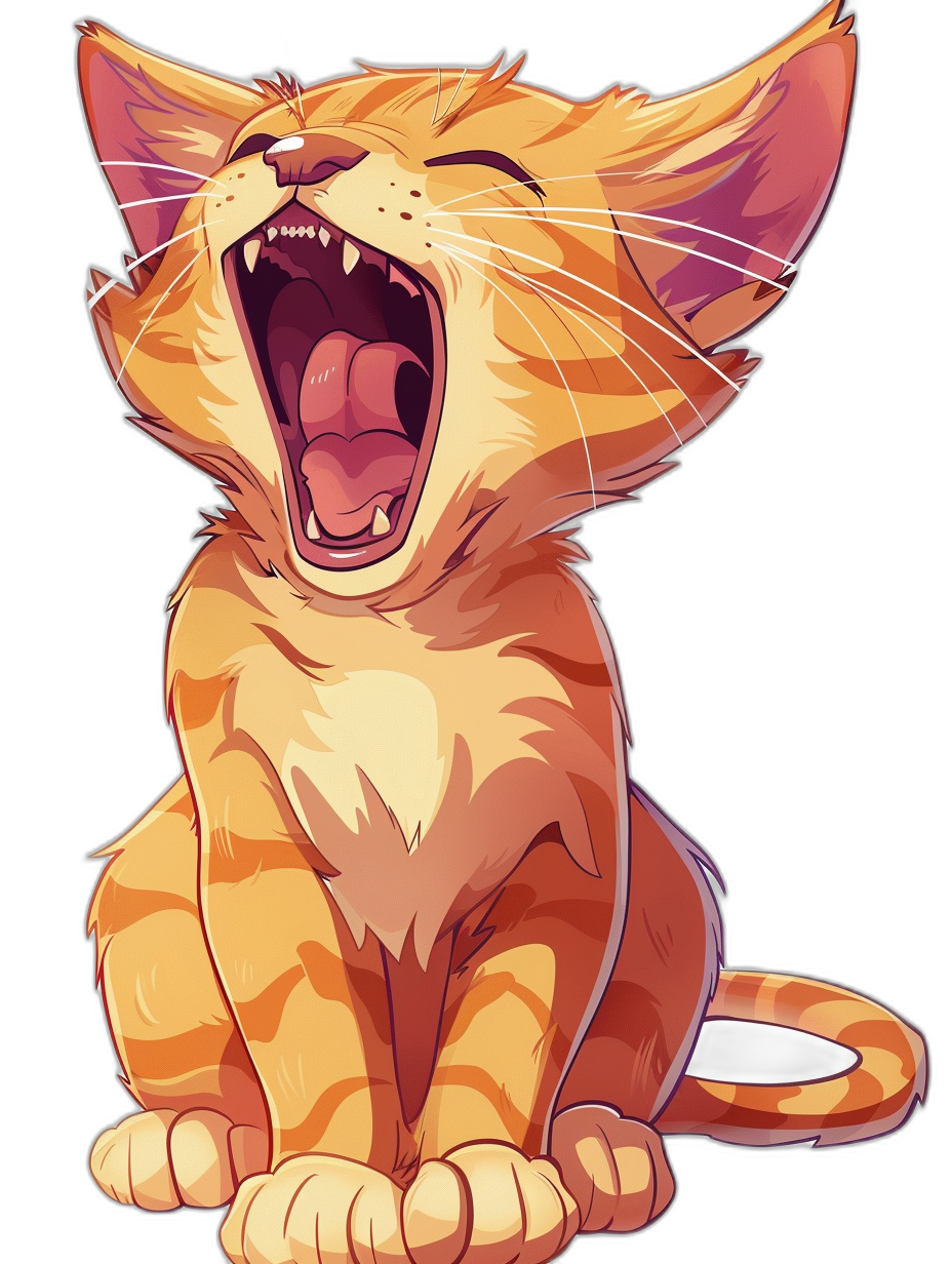 A cute cartoon illustration of an orange tabby cat howling, isolated on a black background, in the style of anime.