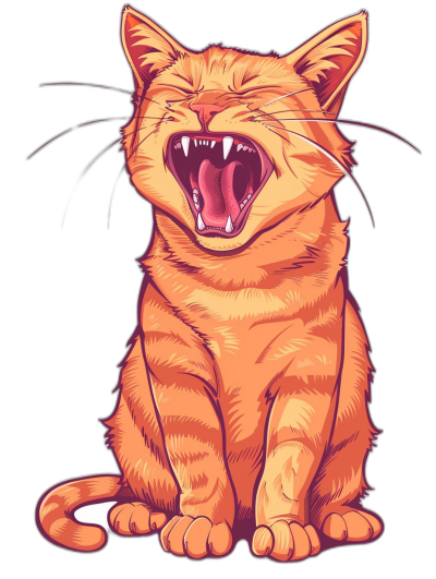 vector design of an orange cat laughing with its mouth open, on black background