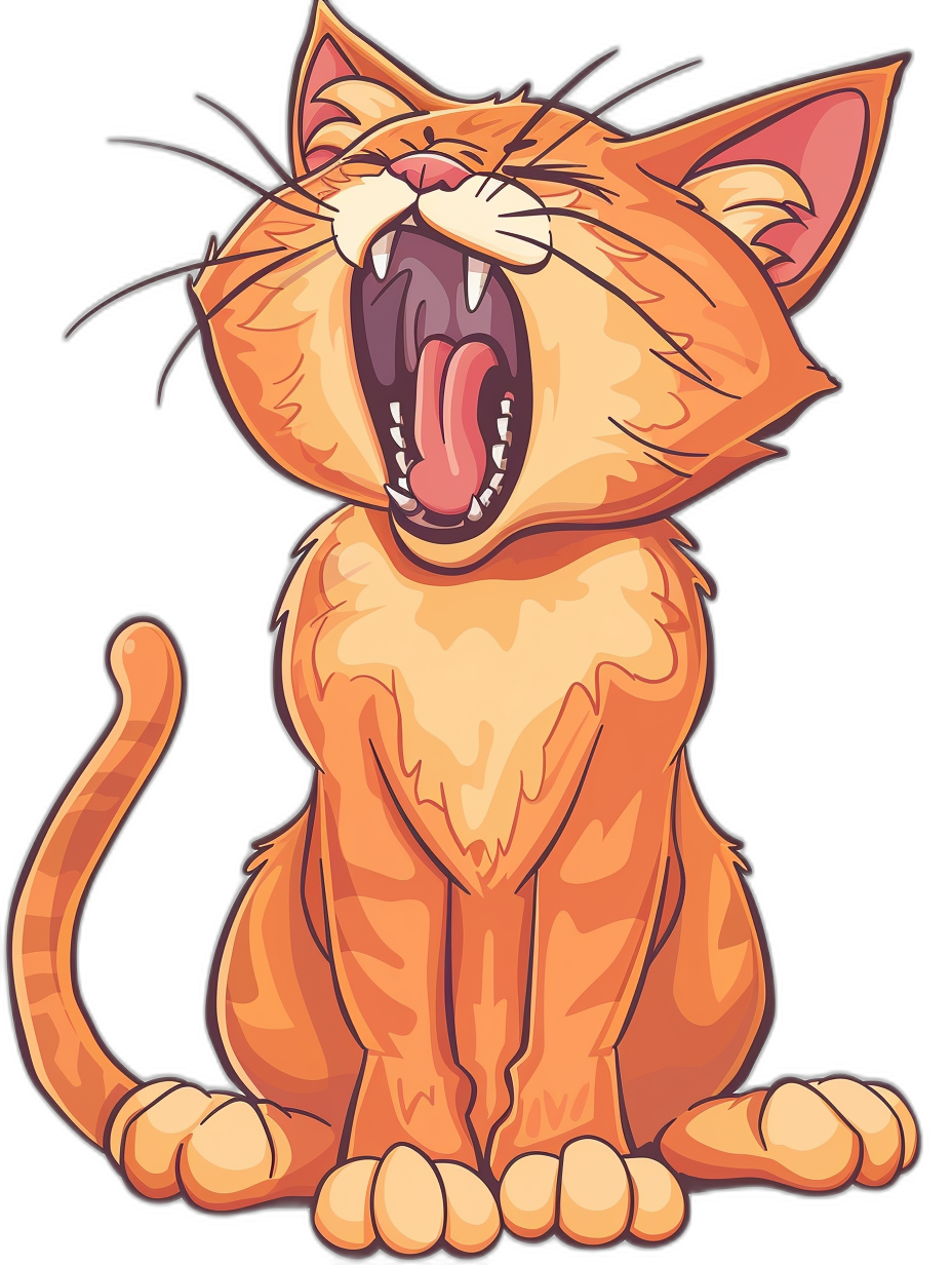 A cartoon illustration of an orange cat sitting down and howling with its mouth open, in the vector art style, isolated on a black background, clipart design for stickers and nursery decor.