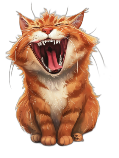 illustration of grumpy ginger cat, laughing and showing teeth, t-shirt design graphic, ultra detailed , black background, high contrast