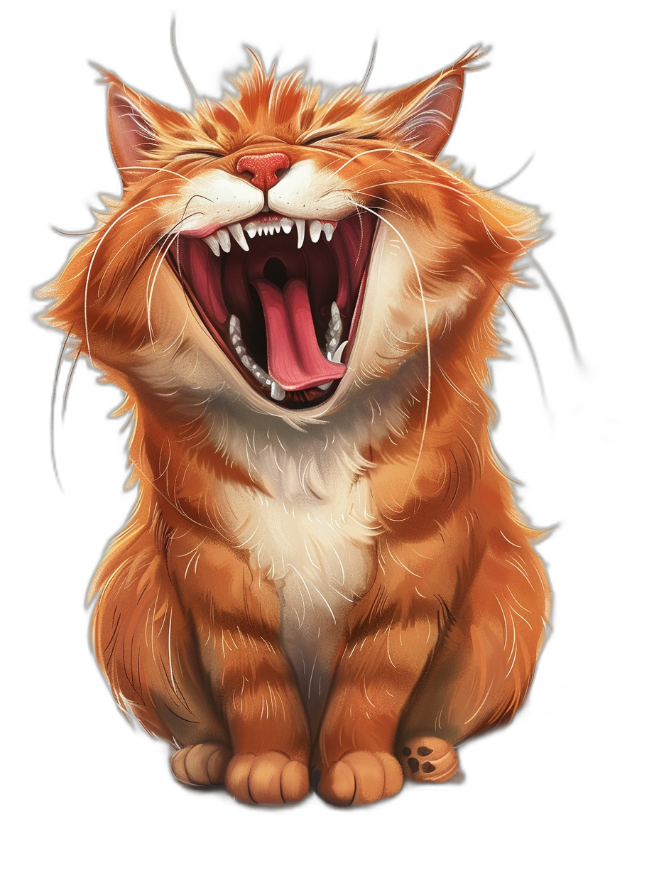 illustration of grumpy ginger cat, laughing and showing teeth, t-shirt design graphic, ultra detailed , black background, high contrast