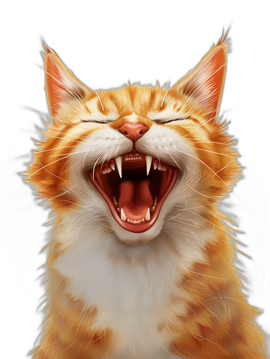 realistic digital illustration of an orange cat laughing, pure black background,