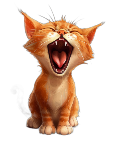 character design of a cute happy smiling orange cat with an open mouth and sharp teeth against a black background, concept art in the style of Pixar studio, digital painting, 2D illustration