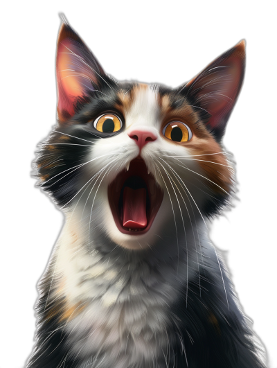 realistic digital illustration of an adorable calico cat, mouth open in shocked expression, black background, close up portrait,
