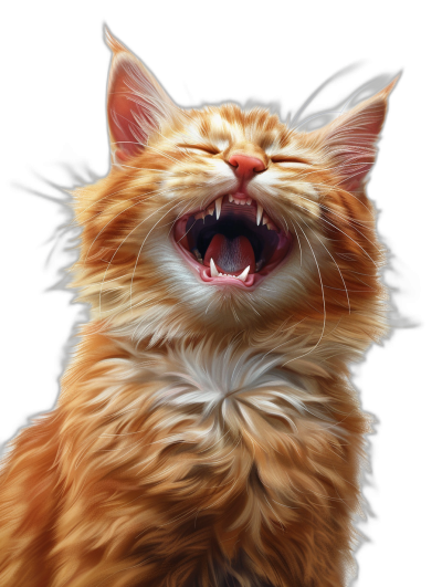 A digital art style of a happy cat, a red mainecoon with its mouth open like a human smiling, on a black background, in the style of a hyper realistic oil painting, with detailed character illustrations, texture-rich canvases, strong lighting contrasts, and a playful character design.