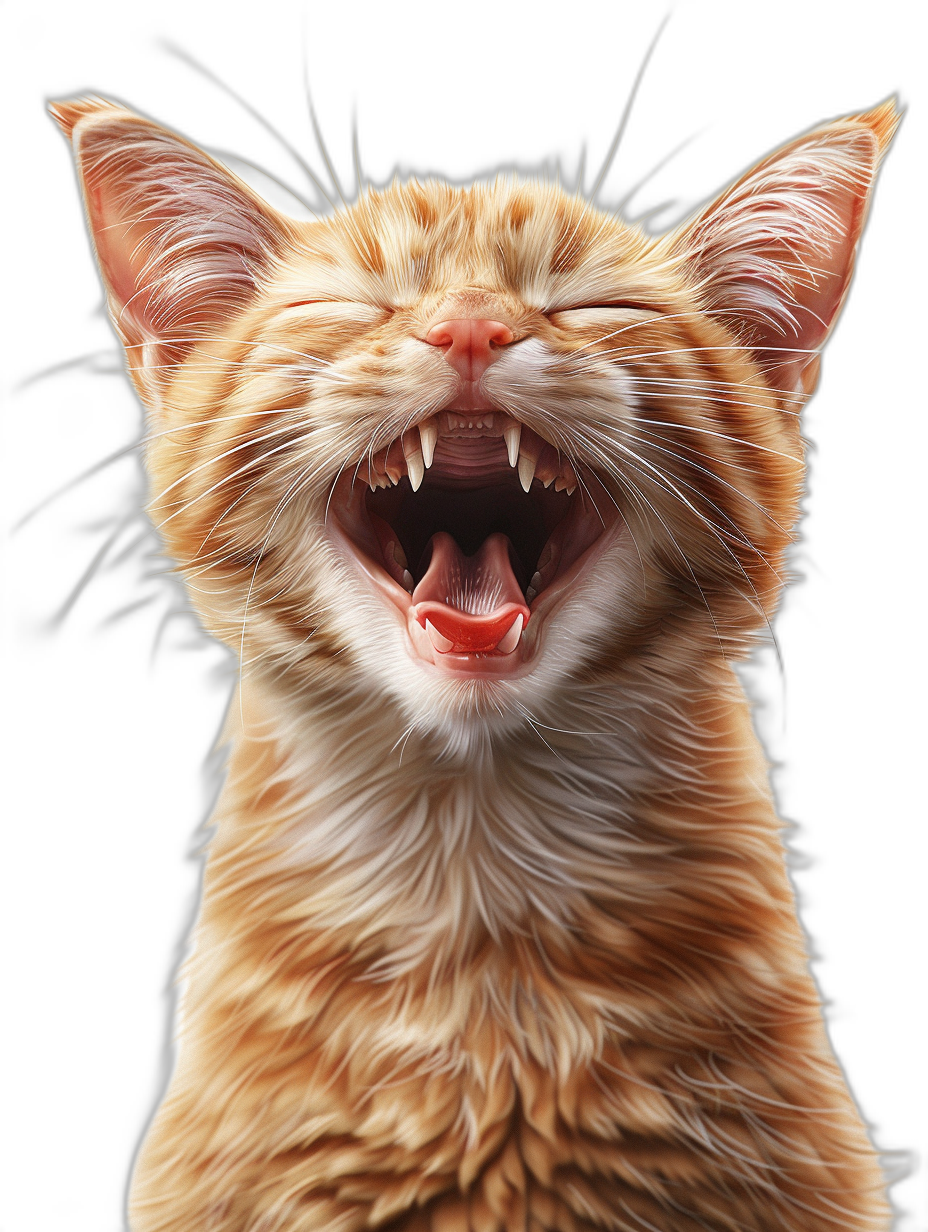 realistic digital illustration of happy smiling orange cat, mouth open with teeth showing, pure black background, high details, soft shadows, no contrast, clean sharp focus