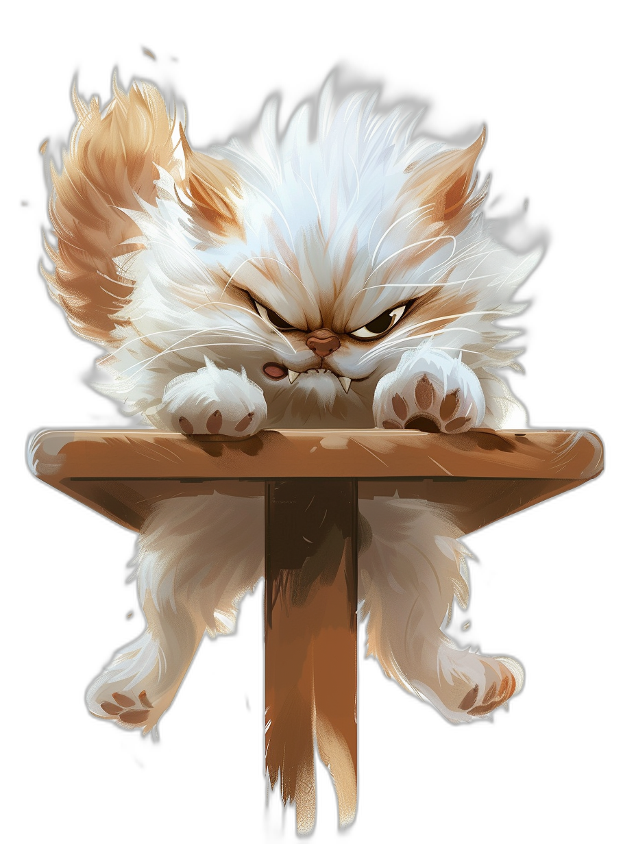 A Persian cat sitting on top of an iron- this is for the game League of Legends. It has white fur with brown highlights and an angry expression as if jumping off a table against a black background, in the style of digital art.