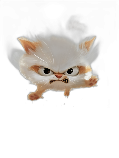 illustration of an angry cute cat flying, simple design, black background, digital art in the style of Pixar and Disney