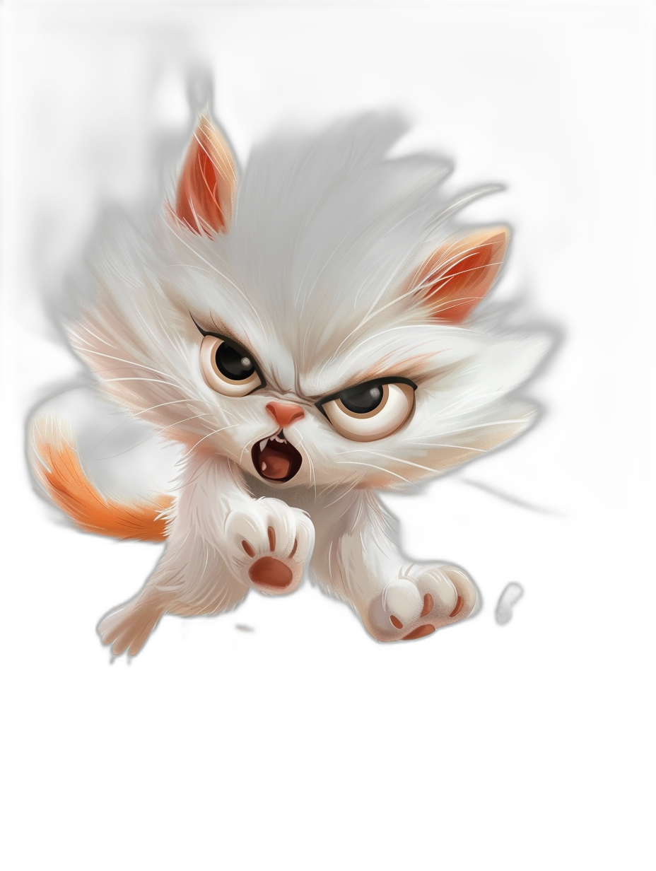 white persian cat cartoon, angry expression and sharp teeth jumping towards the viewer on black background, vector art in the style of [Artgerm](https://goo.gl/search?artist%20Artgerm) and [Ruan Jia](https://goo.gl/search?artist%20Ruan%20Jia), fantasy digital painting, cute little dragon with big eyes in background