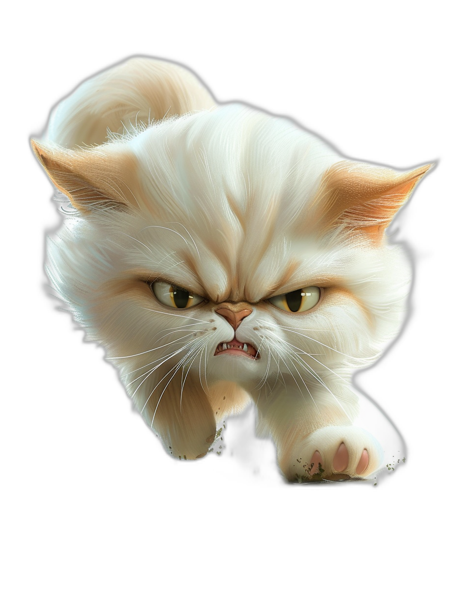 A white and beige Persian cat with a grumpy expression, in the cartoon style, running towards the camera against a black background, 3D render.