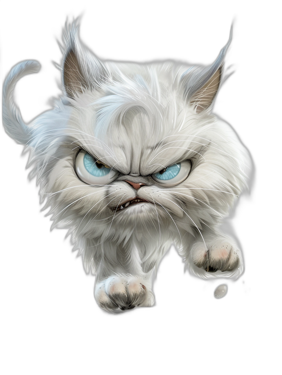 white persian cat with blue eyes, angry and cute cartoon caricature running on black background, vector art, high detail, sharp focus, no fine details, full body shot, very wide angle lens, studio photo, intricate details, highly detailed, high resolution