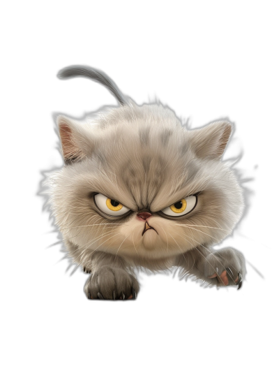 funny cartoon angry fluffy cat, isolated on black background, high resolution vector illustration, highly detailed and sharp quality