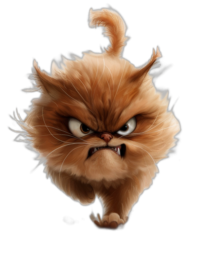 realistic cartoon illustration of an angry cute fluffy cat, isolated on black background, in the style of Monet and in the style of Disney Pixar style