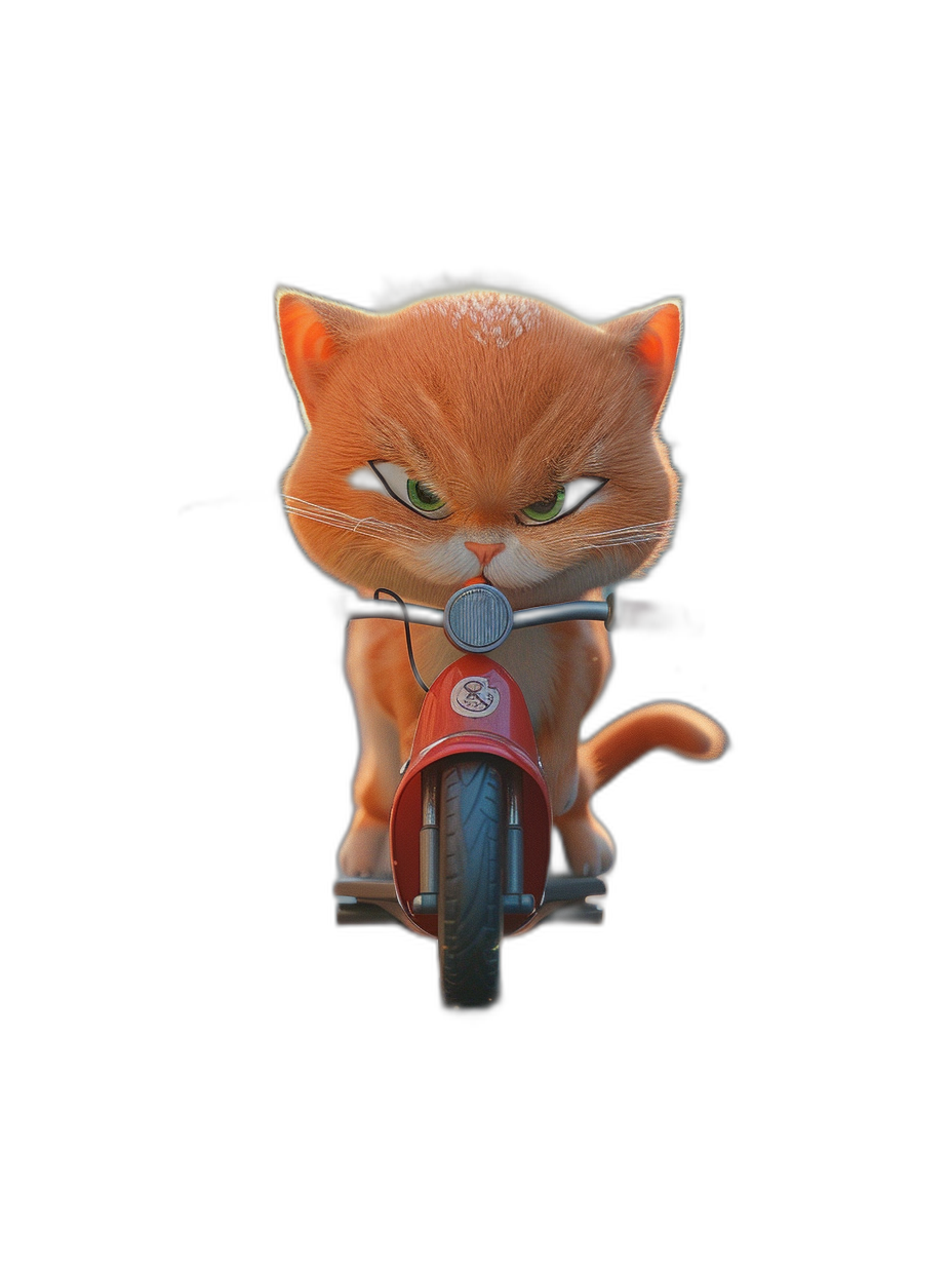 front view, An angry orange cat riding on a scooter, pure black background, in the style of Disney Pixar cartoon, cute and adorable features, 3D animated