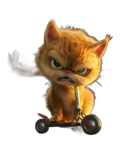 3D render of a cute angry ginger cat on a scooter, in the style of Pixar, on a black background, cartoon, cute