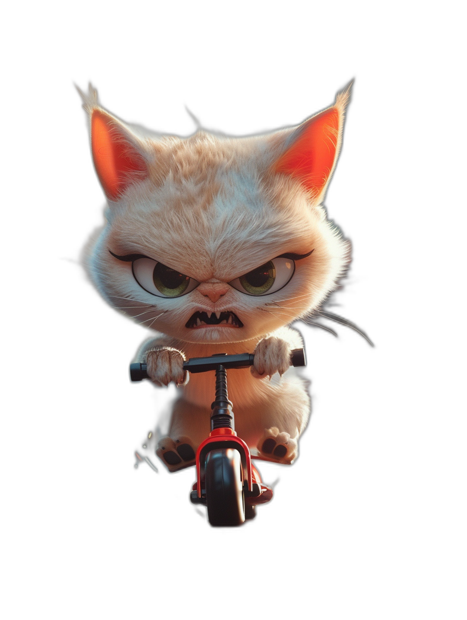 grumpy cute cat riding scooter on a black background, in the style of Pixar, cartoon character, full body, cute big eyes with very long eyelashes, big head, small legs, red color shirt, white fur, high resolution