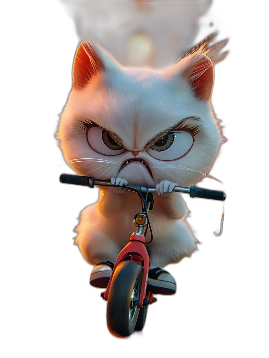 grumpy cat on the tricycle in the style of Pixar, cartoon character, cute and adorable, cute white kitten with dark eyes riding red bike in black background, soft lighting, portrait photography, octane render, volumetric light, cinematic