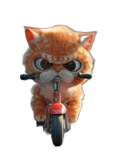 front view of a cute little orange cat riding on a scooter, with big eyes, in the style of a cartoon, 3d render, black background, in the style of Pixar studio