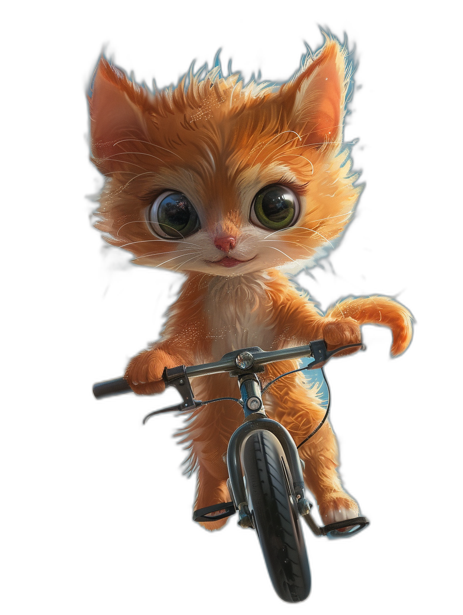 Cute Pixar style orange kitten riding a bicycle with fluffy fur texture, big eyes with eyelashes, on a black background in the style of a cartoon character design with 3D rendering at a high resolution and high quality as a full body portrait with professional photography and high details.