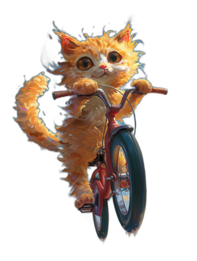 A cute orange cat is riding on the bicycle in the style of [Katsuya Terada](https://goo.gl/search?artist%20Katsuya%20Terada) and [Atey Ghailan](https://goo.gl/search?artist%20Atey%20Ghailan), front view against a black background, in a digital art style.