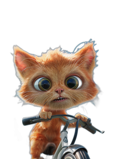 A cute ginger cat with big eyes and long ears, riding on the handlebar of a bicycle in the style of Pixar, against a black background, rendered in a hyper realistic, cinematic style.