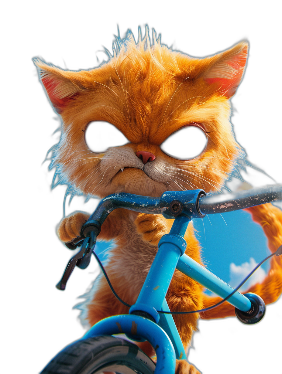 A cute orange cat riding on a blue bicycle against a black background, in the style of Pixar, in the style of Disney, with black eyes, and big head and small body proportions, rendered in the style of Unreal Engine.