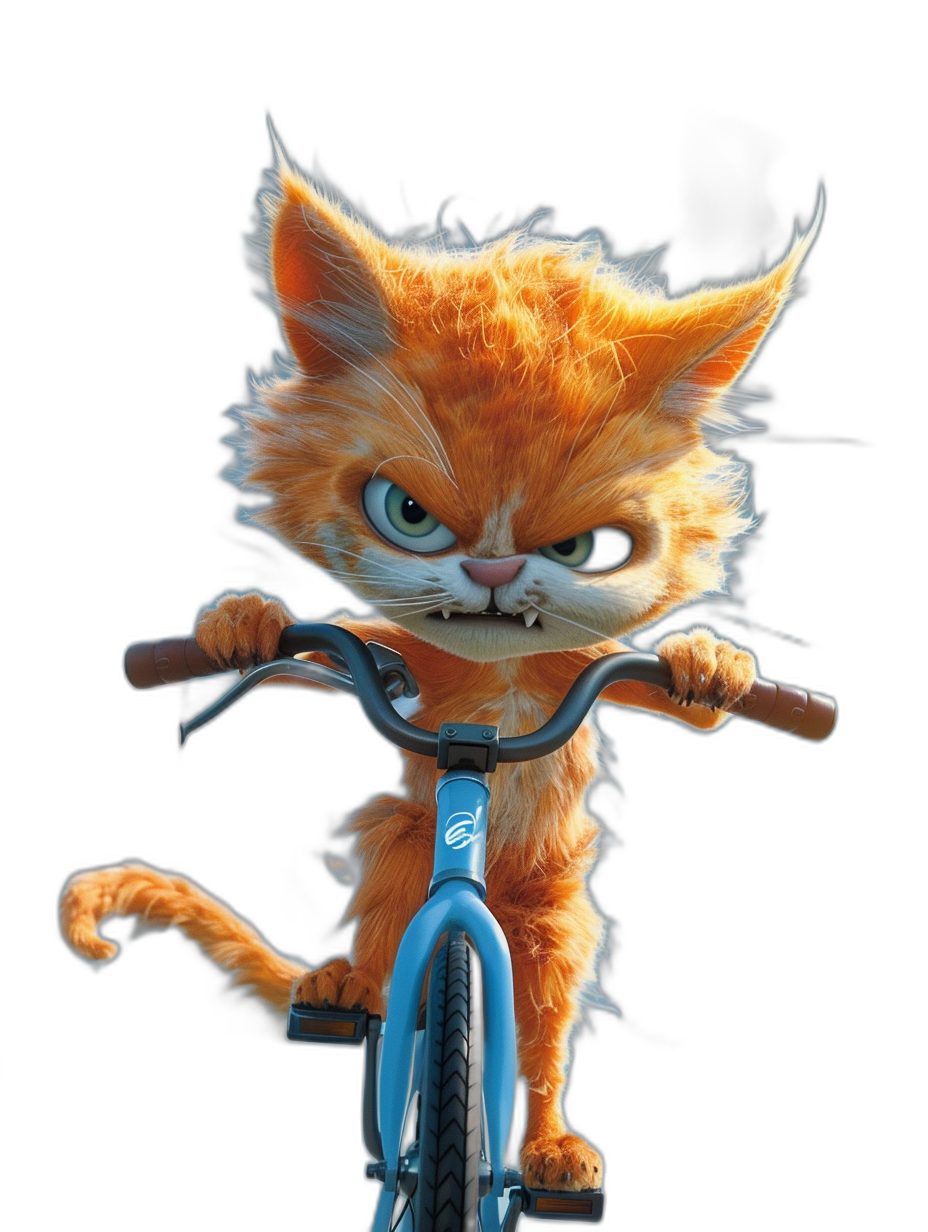 A cute orange cat riding on the front of a bicycle, in the style of Pixar, cartoon character, black background, front view, big eyes, very detailed, high resolution