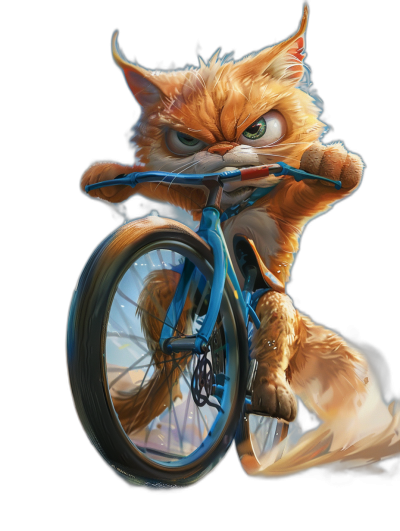 realistic cartoon illustration of an orange cat riding on the front wheel of a blue bike, black background, digital art in the style of Disney and Pixar, adorable cute character design, character concept sheet style artwork, highly detailed, high resolution