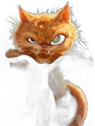 evil grinning orange cat with green eyes sitting on the handlebar of a unicycle, against a black background, digital art in the style of Pixar, Disney and Ghibli, cartoon character illustration, close-up shot, cute adorable cat face, highly detailed fur texture, cinematic lighting, sharp focus, digital painting, high resolution